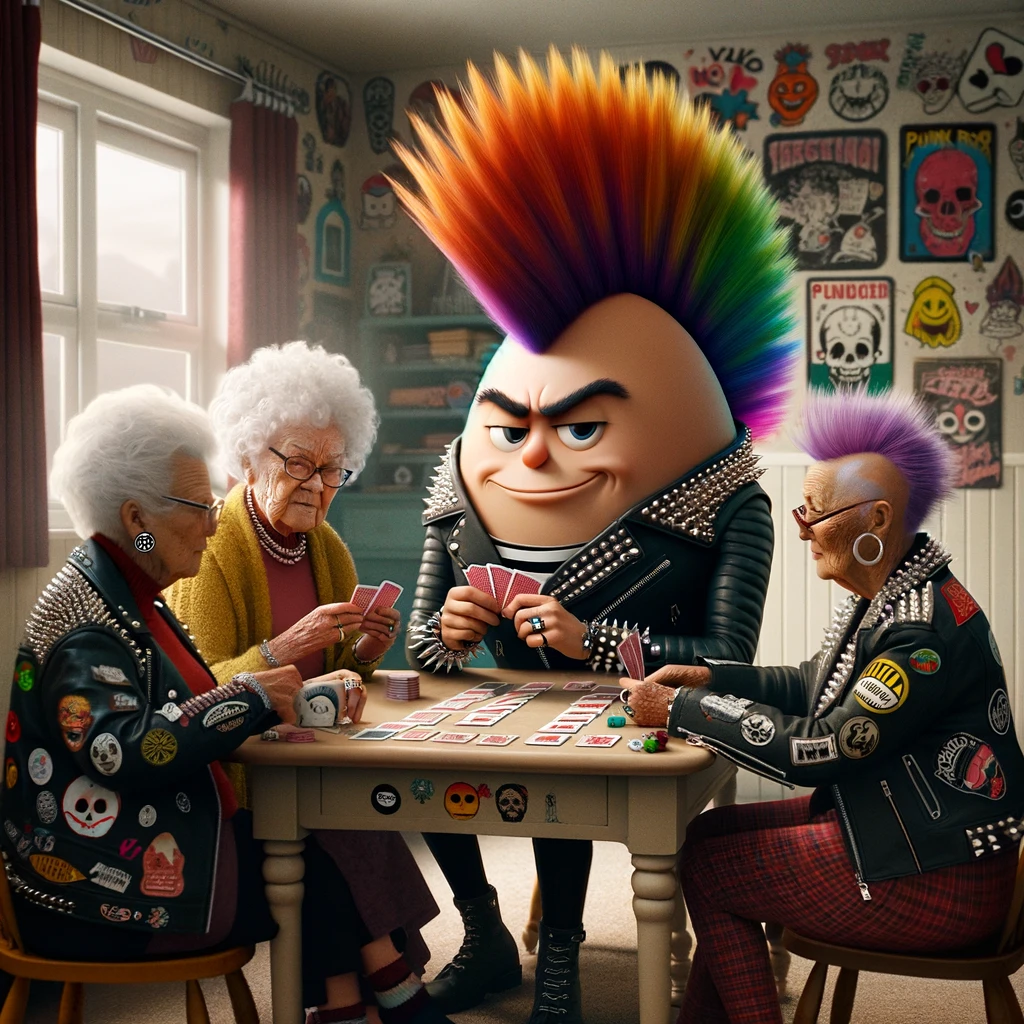 Computer generatored life-like illustration of a large egg-inspired character with a rainbow mohawk playing cards with three elderly women. There are punk style posters on the wall and two of the elderly ladies are wearing punk style jackets.
